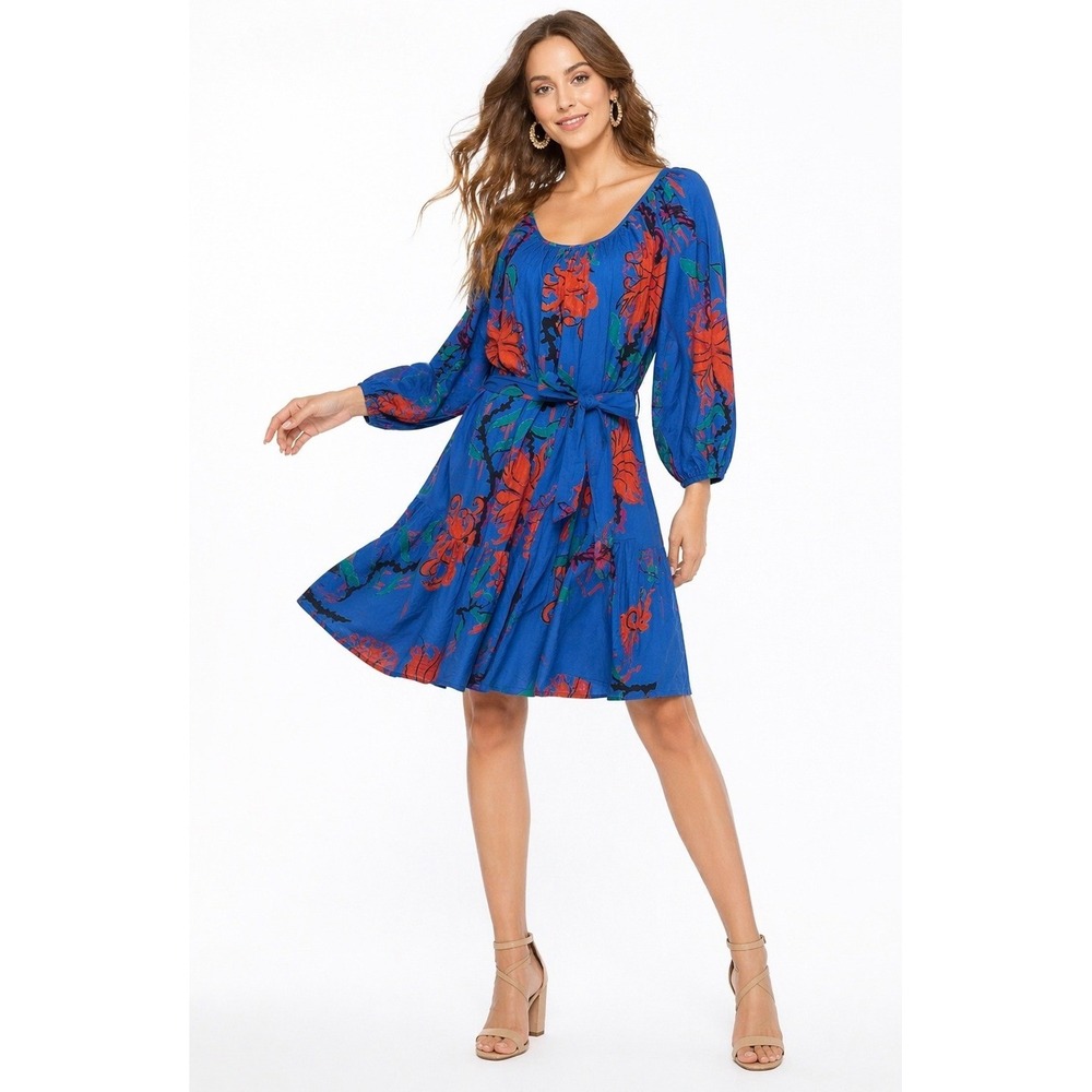 Ro's Garden Vera Dress Women Medium Blue Barcelona Floral NWT Mini Ruffle Boho
